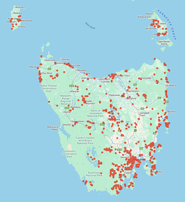 collecting locality map for 'Allan, M.' in Tasmania