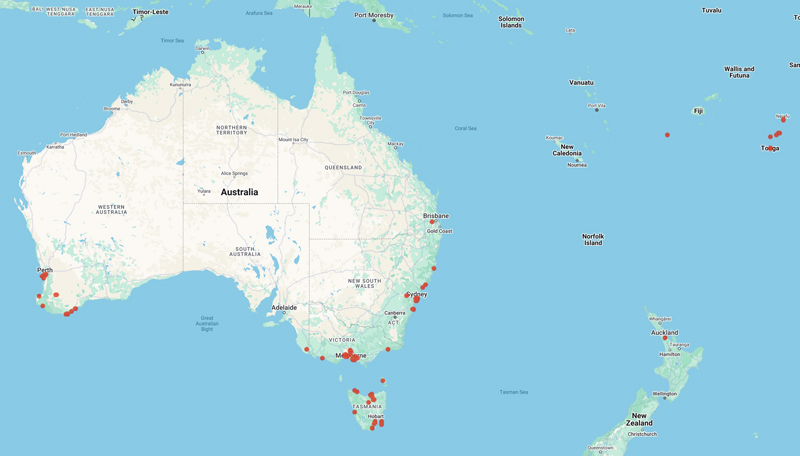 collecting locality map for 'Harvey, W.H.'