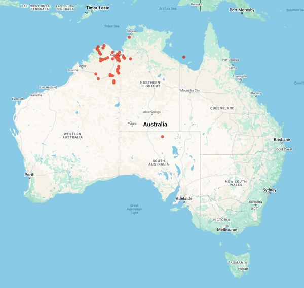 collecting locality map for 'Petheram, R.J.'