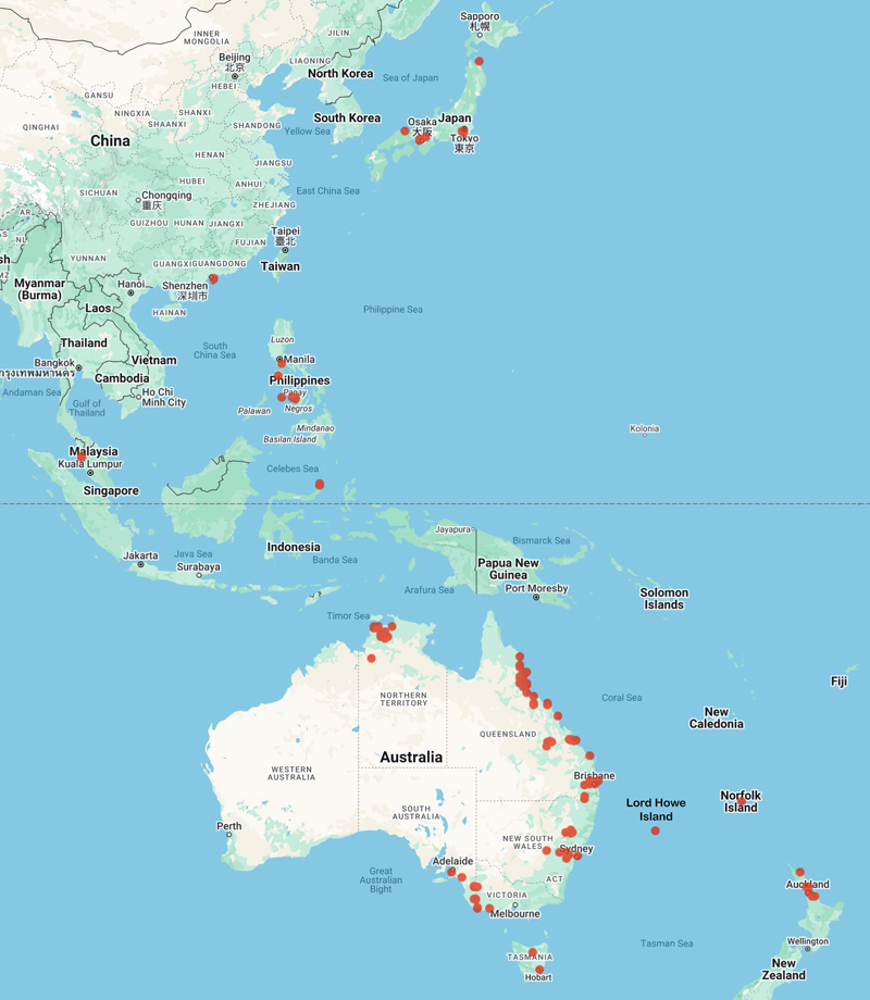 collecting locality map for 'Tenison-Woods, J.E.'