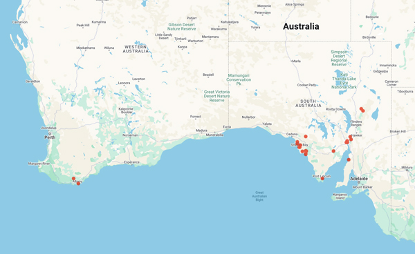 collecting locality map for 'Warburton, P.E.'