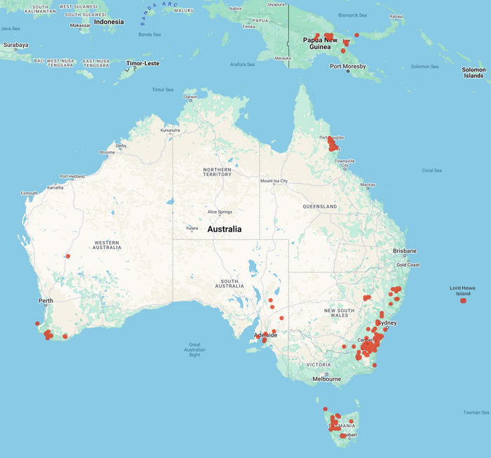 collecting locality Aust. map for 'Weber, W.A.'