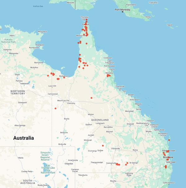 collecting locality map for 'Whitehouse, F.W.'