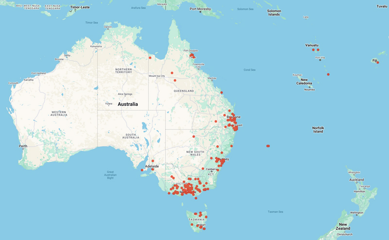 collecting locality map for 'Wilson, F.R.M.'